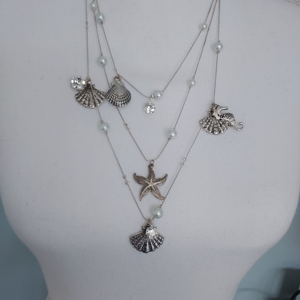 Silver Coastal Sealife 3-tier layered necklace 14"